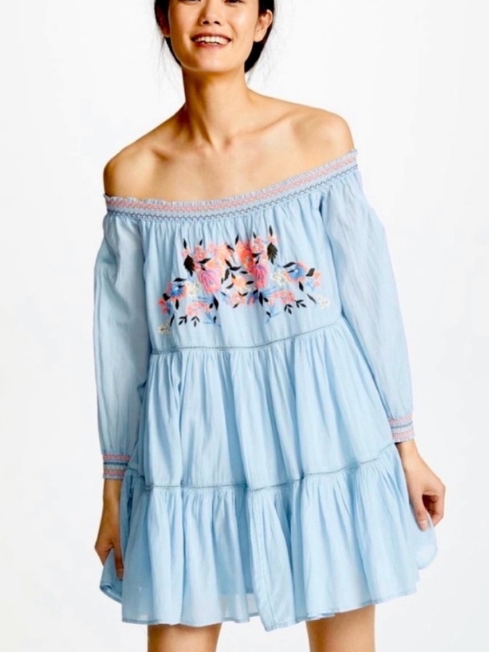 Free People Light Blue Off-Shoulder Tiered Floral Embroidered Dress